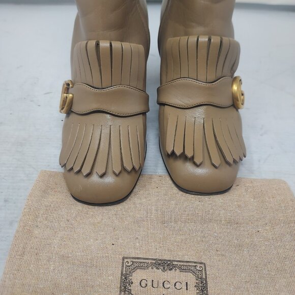 GUCCI Leather Taupe Beige Malaga GG Marmont Fringe Ankle Boot - Picture 8 of 13